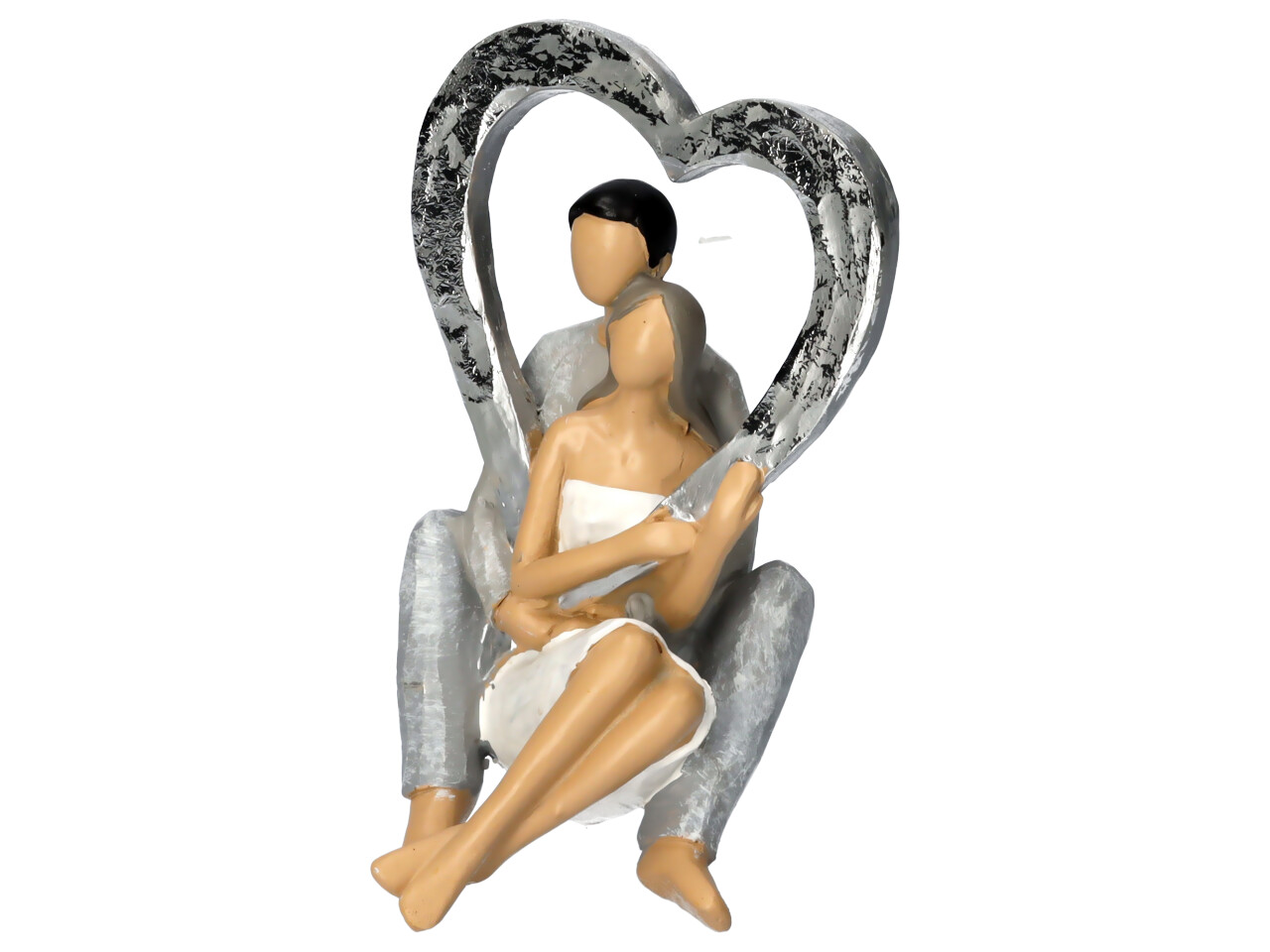 Liebespaar Figur sitzend halten ein silber Herz das Oberkörper umrandet Frontalansicht